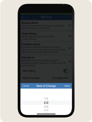 A smartphone screen displays a glucose monitoring app with options for alerts and rate of change adjustment: