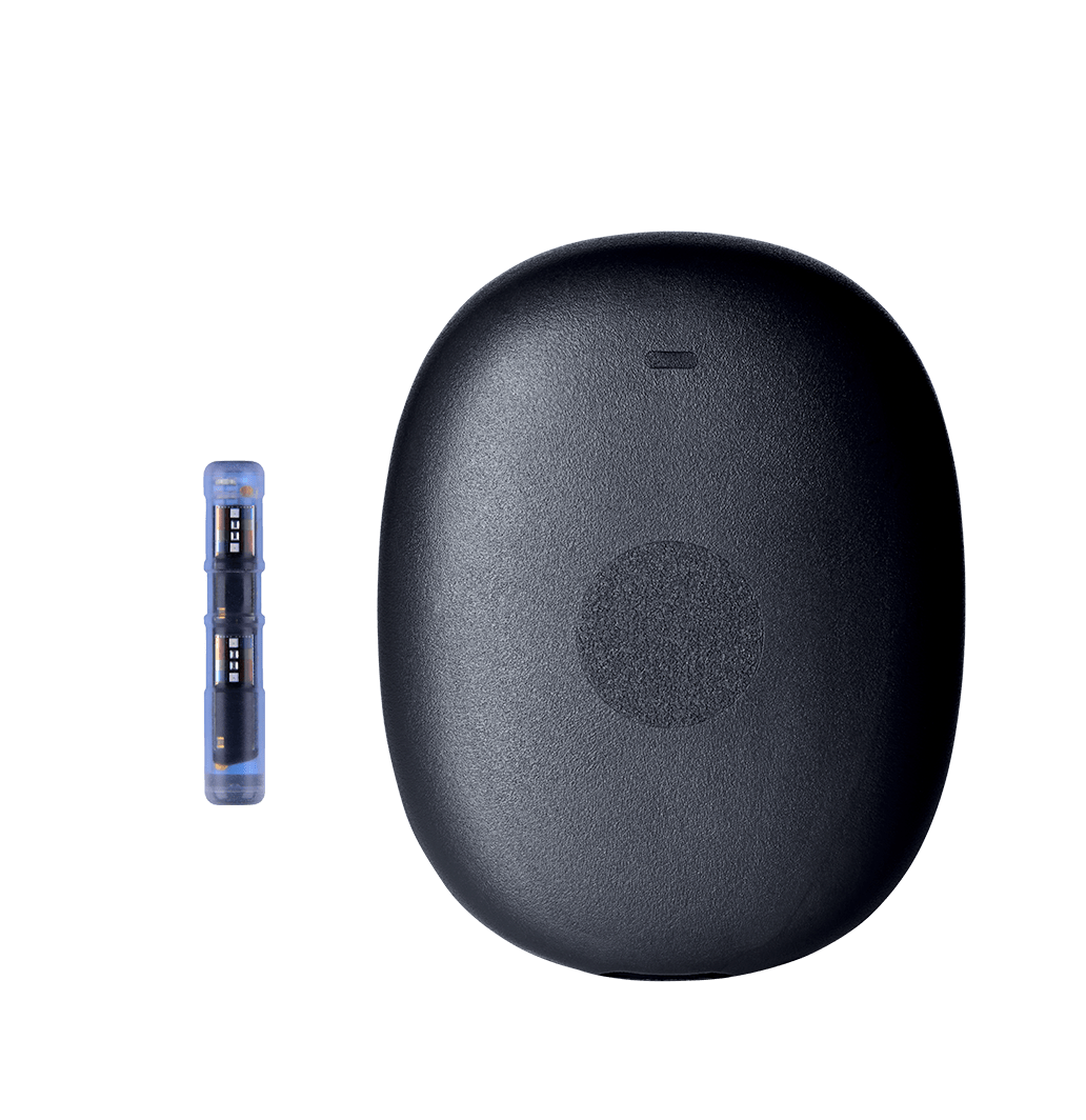 Eversense transmitter sits beside the small CGM transmitter against a blue-gray gradient background.